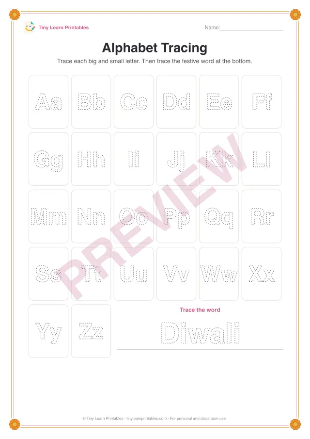 Alphabet Tracing: Diwali printable for ages 3–5