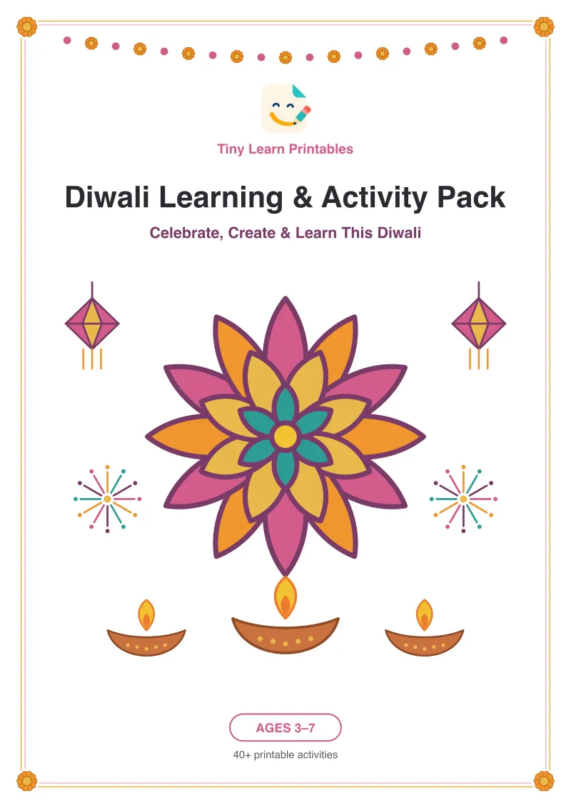 Cover of the Diwali Learning and Activity Pack, with a rangoli, diyas and lanterns