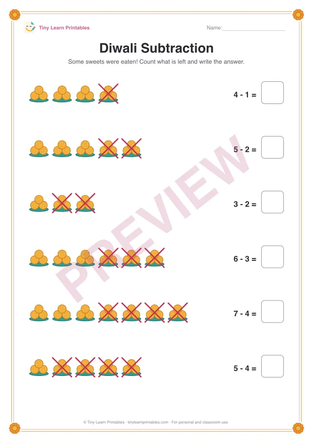 Diwali Subtraction: Diwali printable for ages 5–7