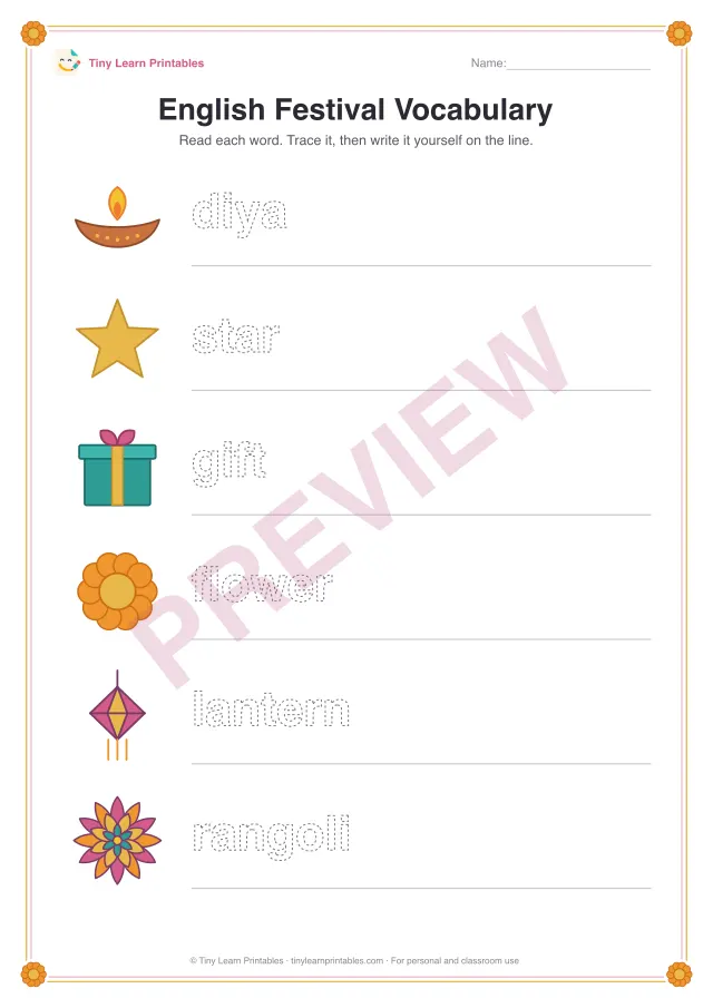 English Festival Vocabulary: Diwali printable for ages 4–7