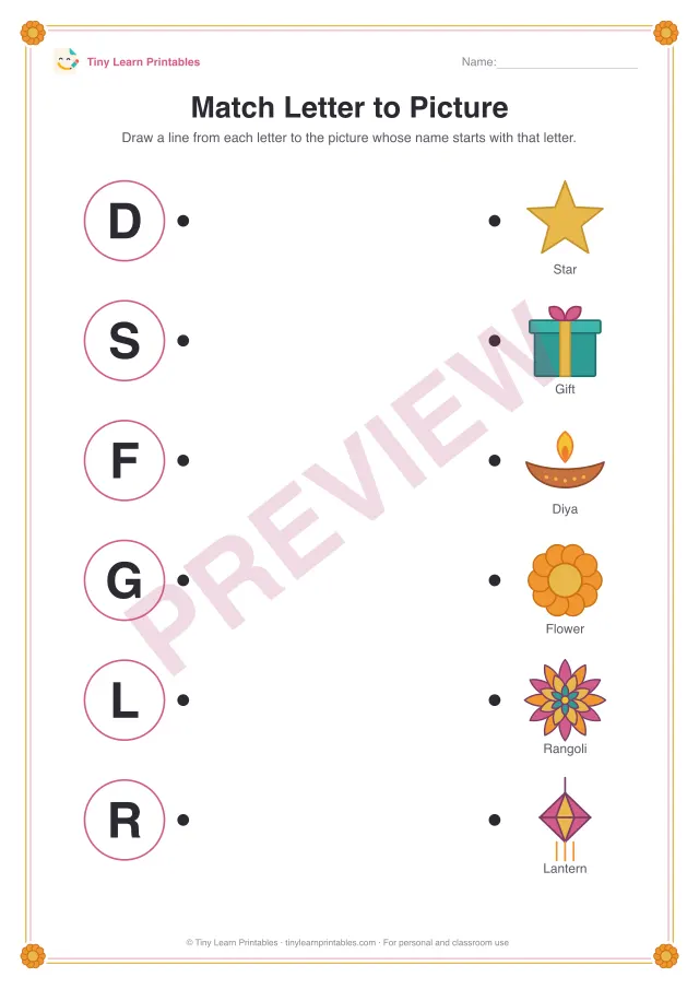 Match Letter to Picture: Diwali printable for ages 3–6