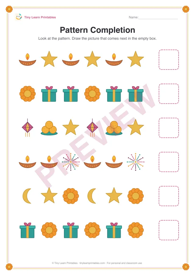 Pattern Completion: Diwali printable for ages 3–6