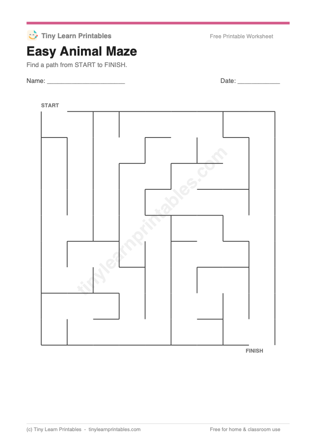 Easy Animal Maze printable game preview