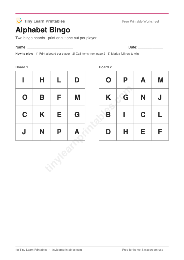 Alphabet bingo game page