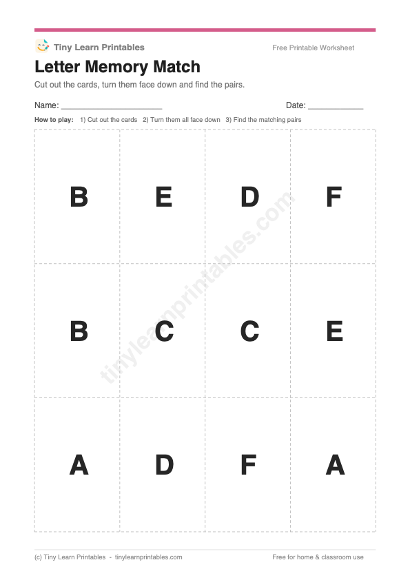 Letter Memory Match printable game preview