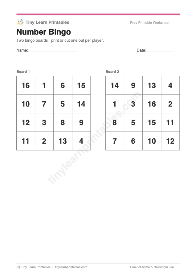 Number Bingo printable game preview