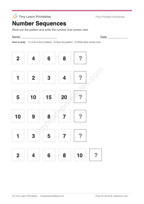 Number Sequences printable game preview