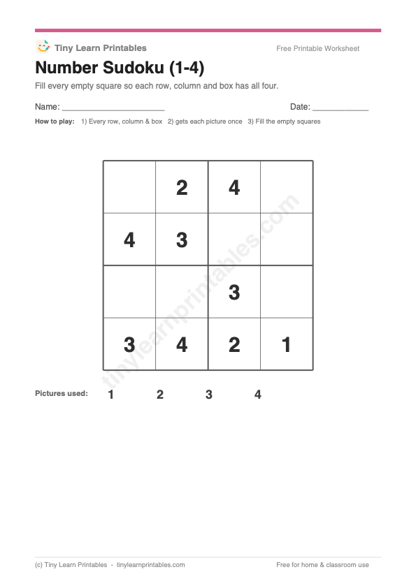 Number Sudoku (1–4) printable game preview