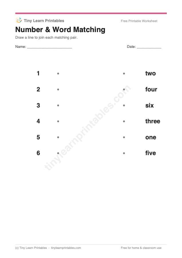Number & Word Matching printable game preview