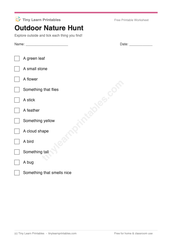 Outdoor Nature Hunt printable game preview