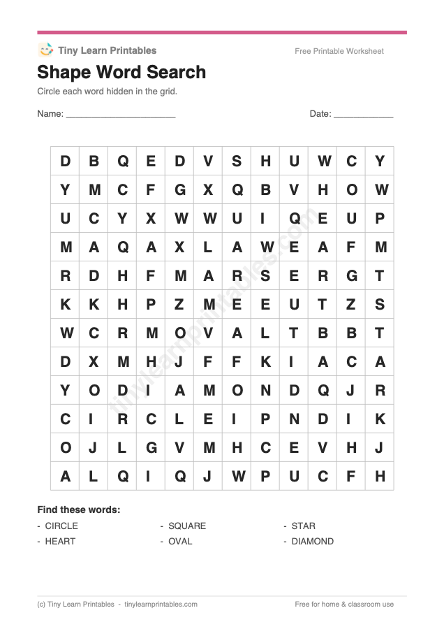 Shape Word Search printable game preview